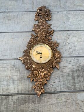 Vintage Syroco Wood Gilded Floral Wall Clock 8 Day Jeweled Classic Rococo 1960s